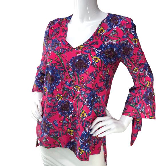 Prabal Gurung Collective Womens Size 2 Top Floral Flare Sleeve V Neck Pink - Picture 1 of 15